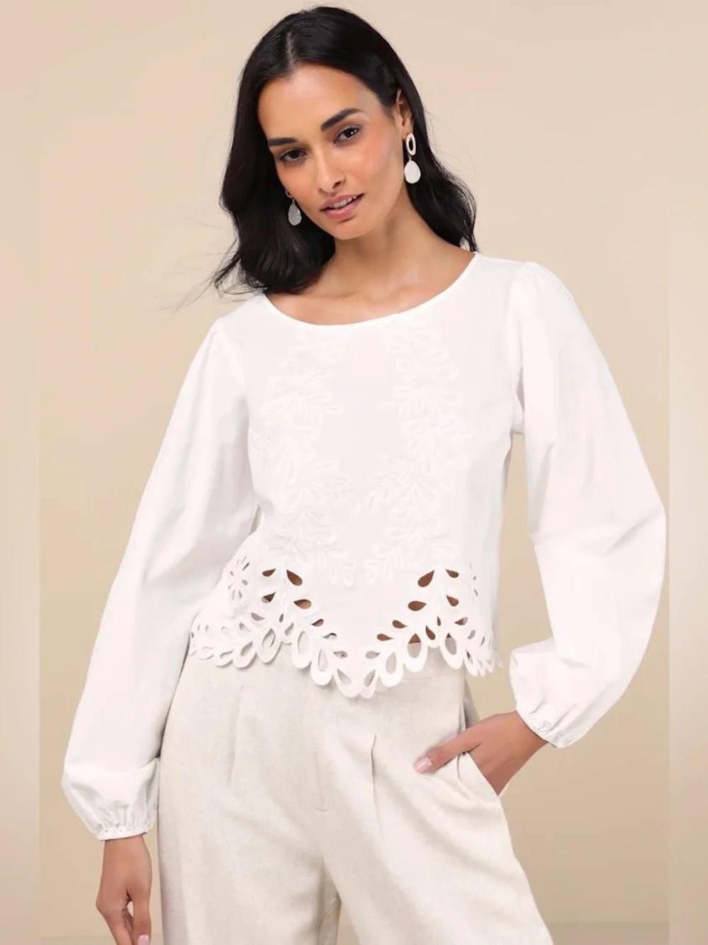 Lulus Adjoa White Embroidered Scalloped Blouson Sleeve Top - Picture 2 of 8